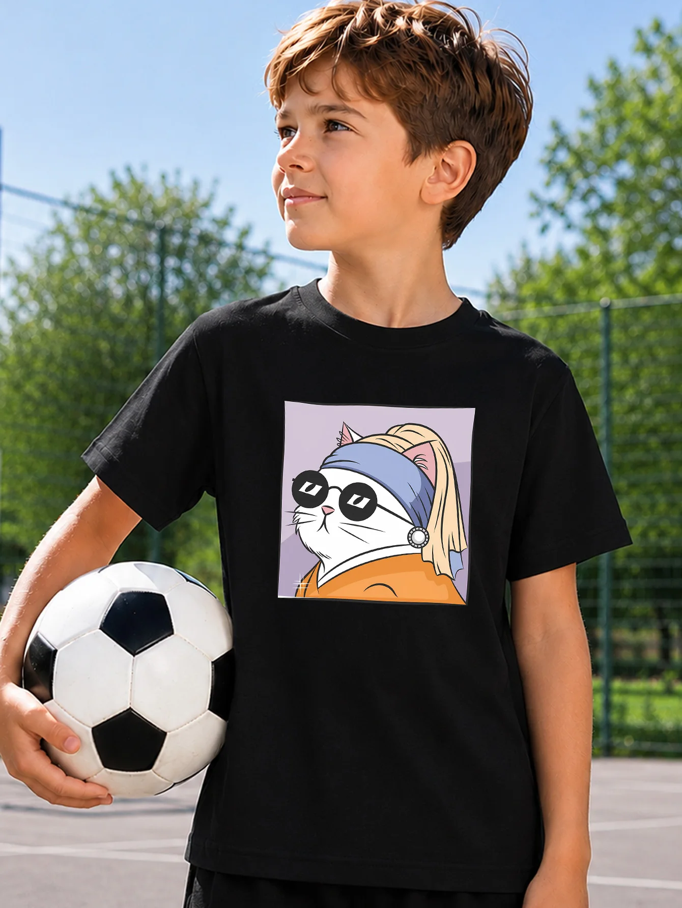 Stylish Art Cat With Pearl Earring Print Family Matching T Shirt Boys Girls Soft Summer Short Sleeve Tees Parent‑Child Daily Top
