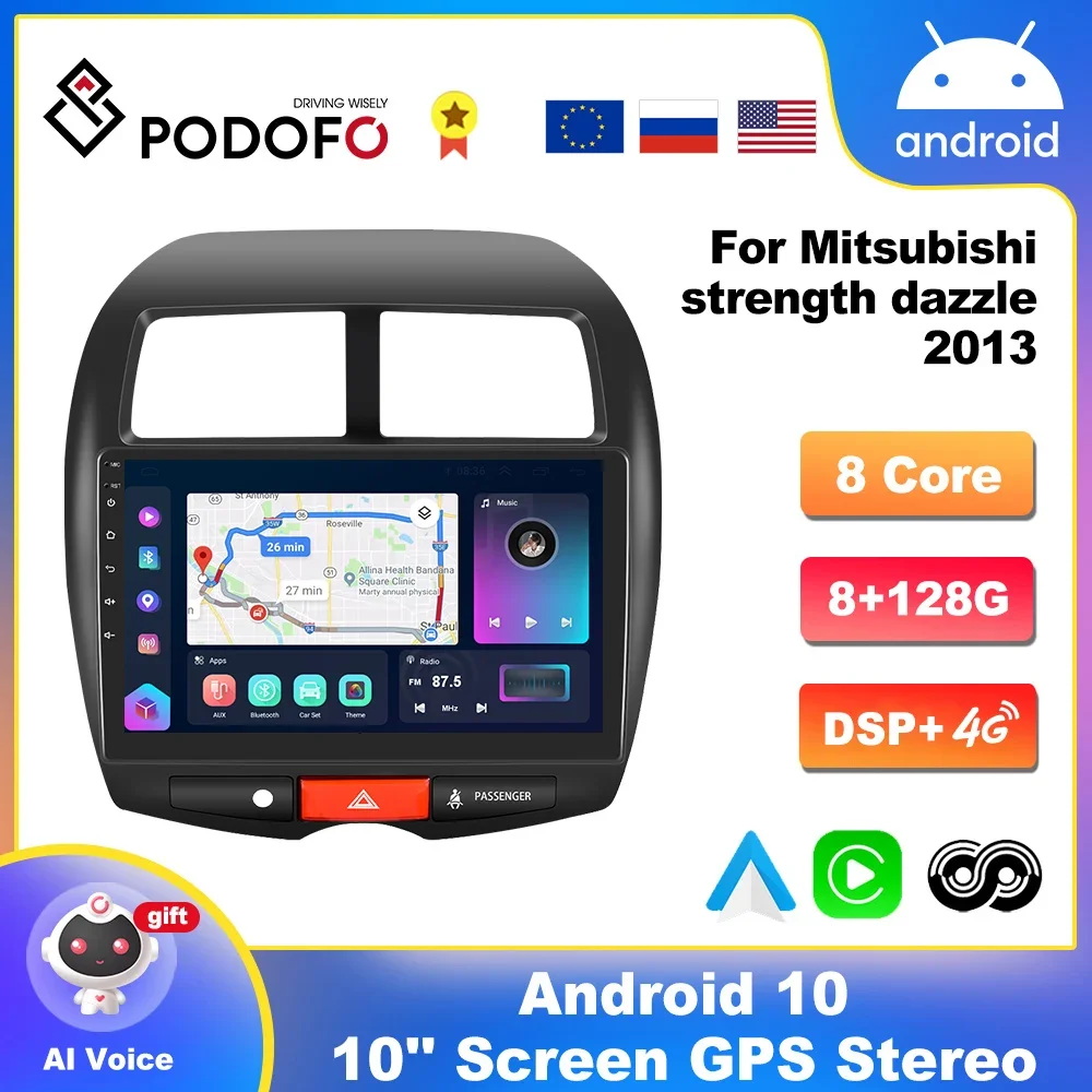 Podofo Wireless CarPlay 2 Din Radio Android AutoRadio For Mitsubishi ASX 1 2010-2016 Multimedia Player Head Unit DSP Stereo