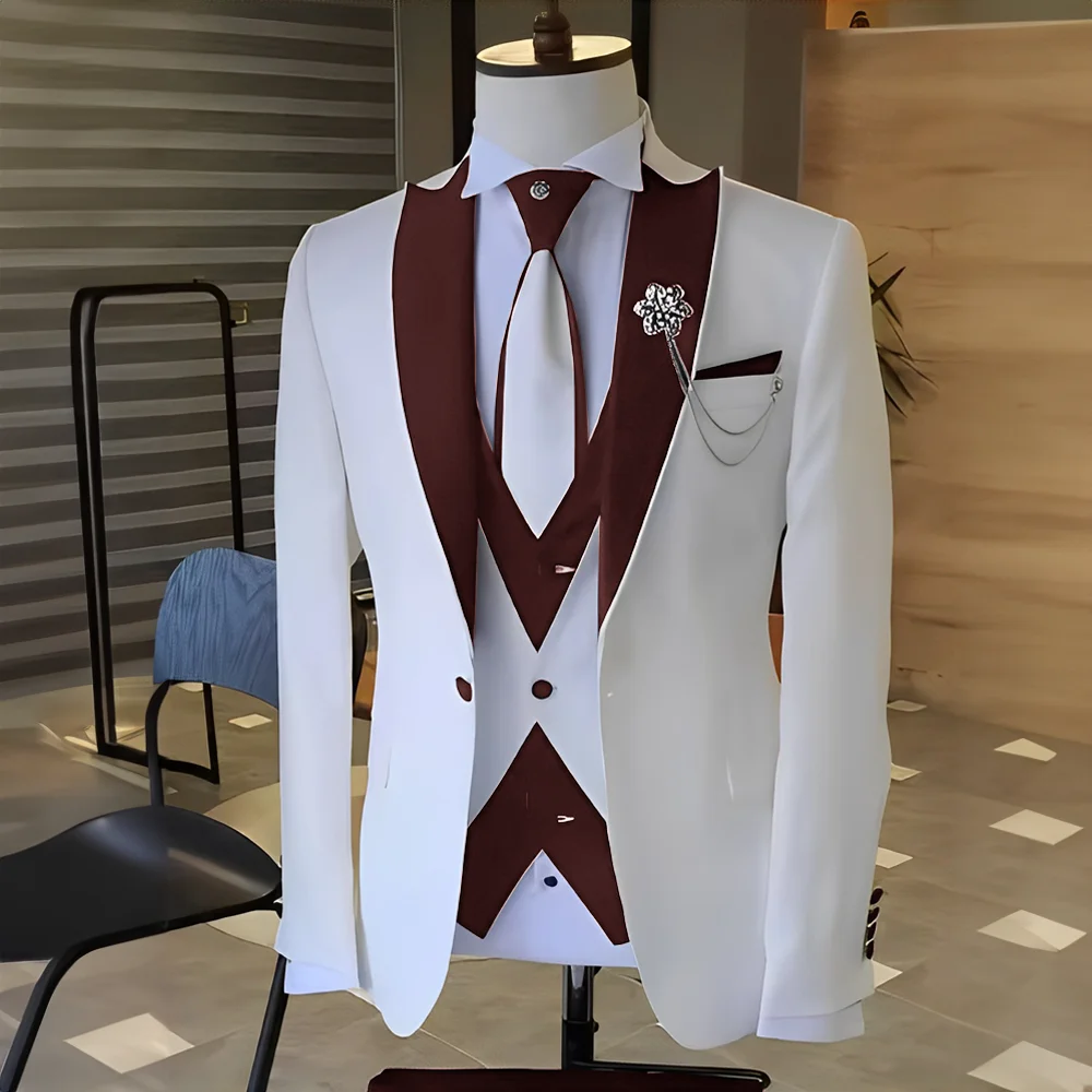 Costume White Men Suits Black Peak Lapel Wedding Tuxedo Terno Masculino Prom Groom 3 Pcs Slim Fit Blazer Sets For Male