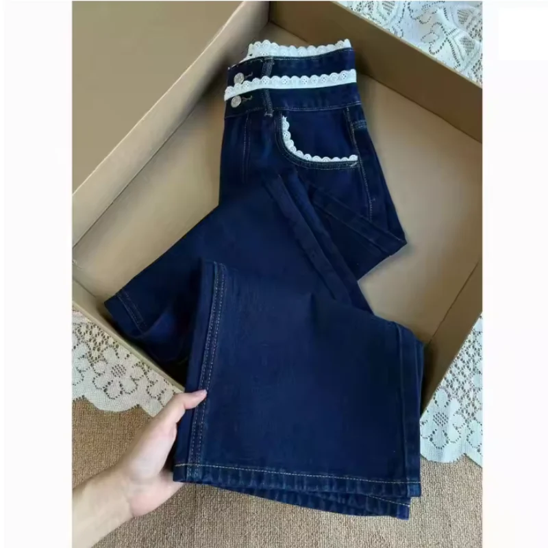 Fashion Deep Blue Jeans Women Spring Autumn New Lace Design Patchwork Retro High Waisted Loose Straight Leg Floor Pants Female