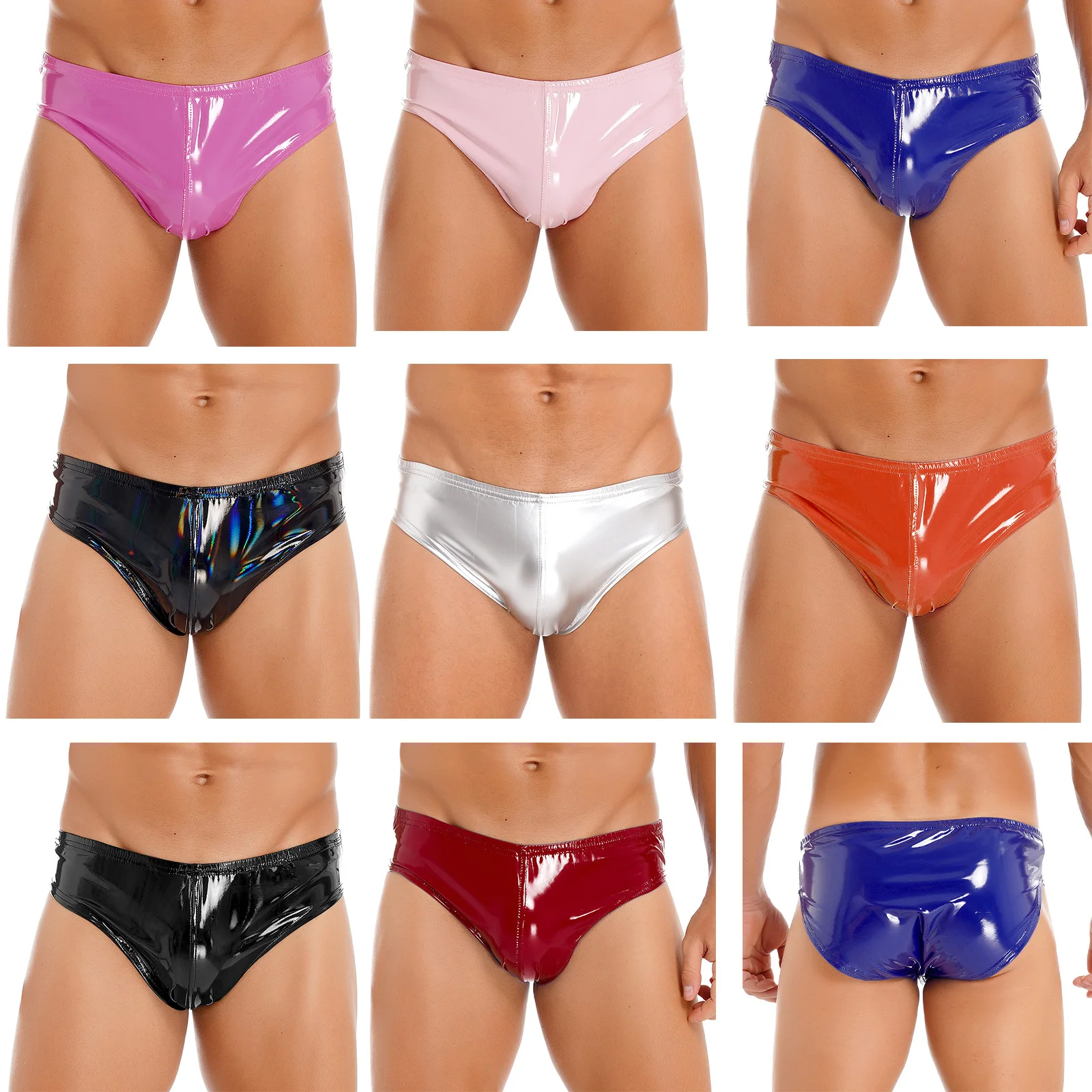 Mens Patent Leather Briefs Panties Sexy Wet Look Latex Glossy Pole Dancing Rave Party Outfit Clubwear Sissy Underwear Underpants