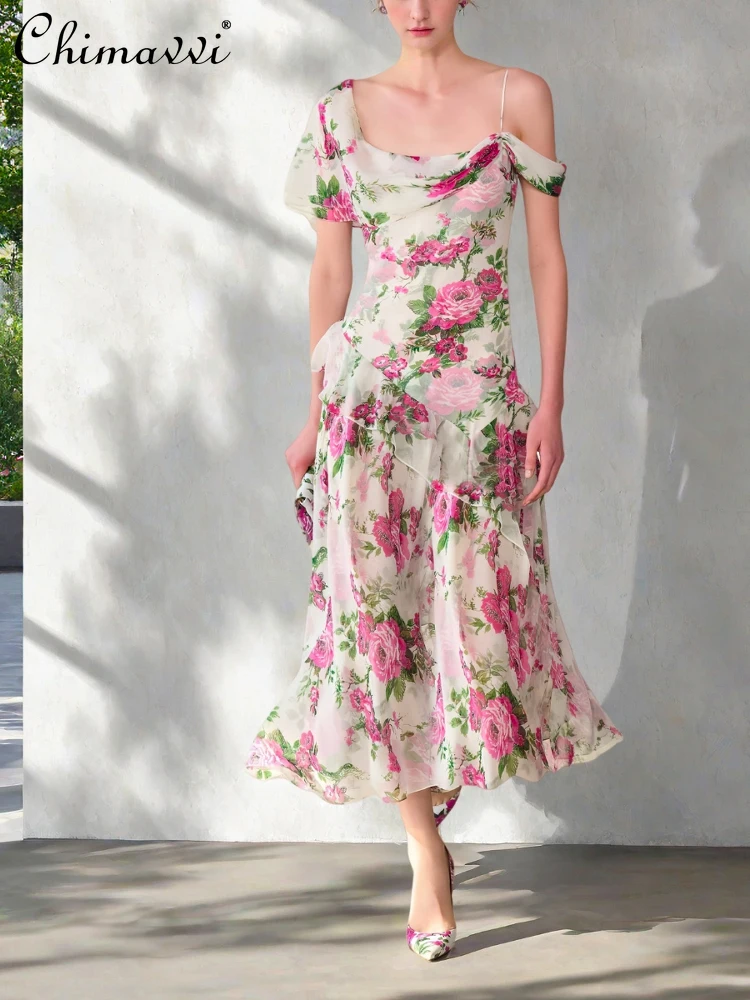 

2025 Summer New Heavy Industry High-end Floral Vacation Dress French Fashion Printing Slim Elegant Suspender Dress for Women