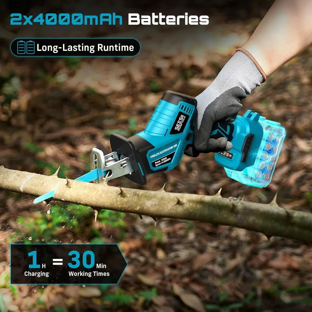 Cordless Reciprocating Saw with 3500 RPM Brushless Motor, 8 Blades, 2 Batteries, LED Light for Wood PVC Cutting