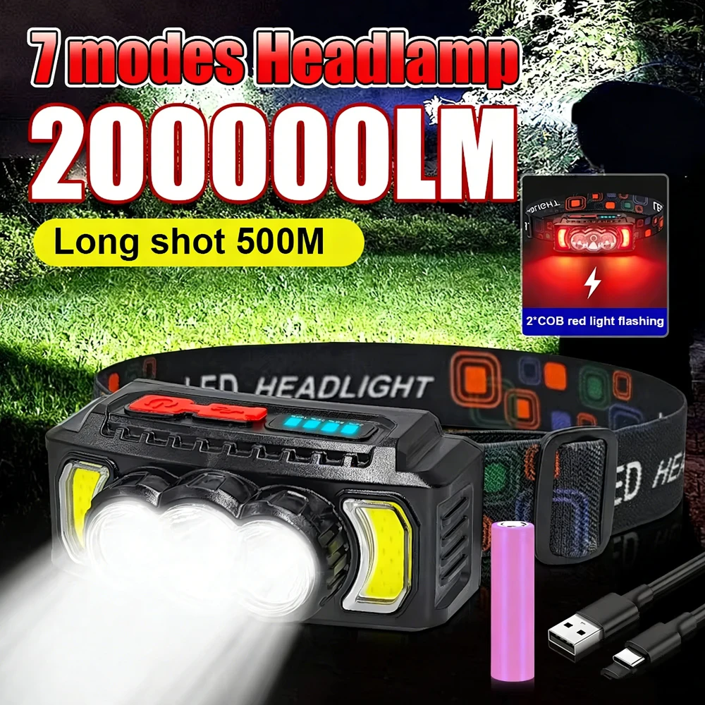 Super Powerful COB Head Flashlight LED Portable Head Lamp USB Rechargeable 7 Modes Outdoor Camping Hiking Headlamp Work Light