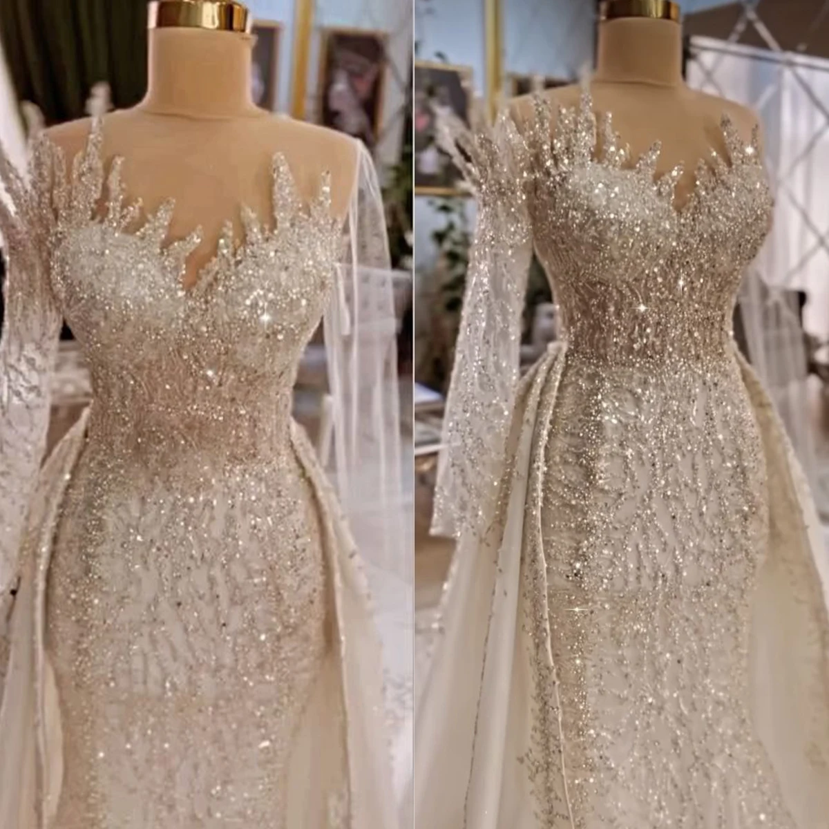 Suknie ślubne w stylu Vintage syrenka nieregularny projekt cekiny perły koraliki tiulowe rękawy dworskie suknia ślubna na zamówienie szlafrok De Mariée