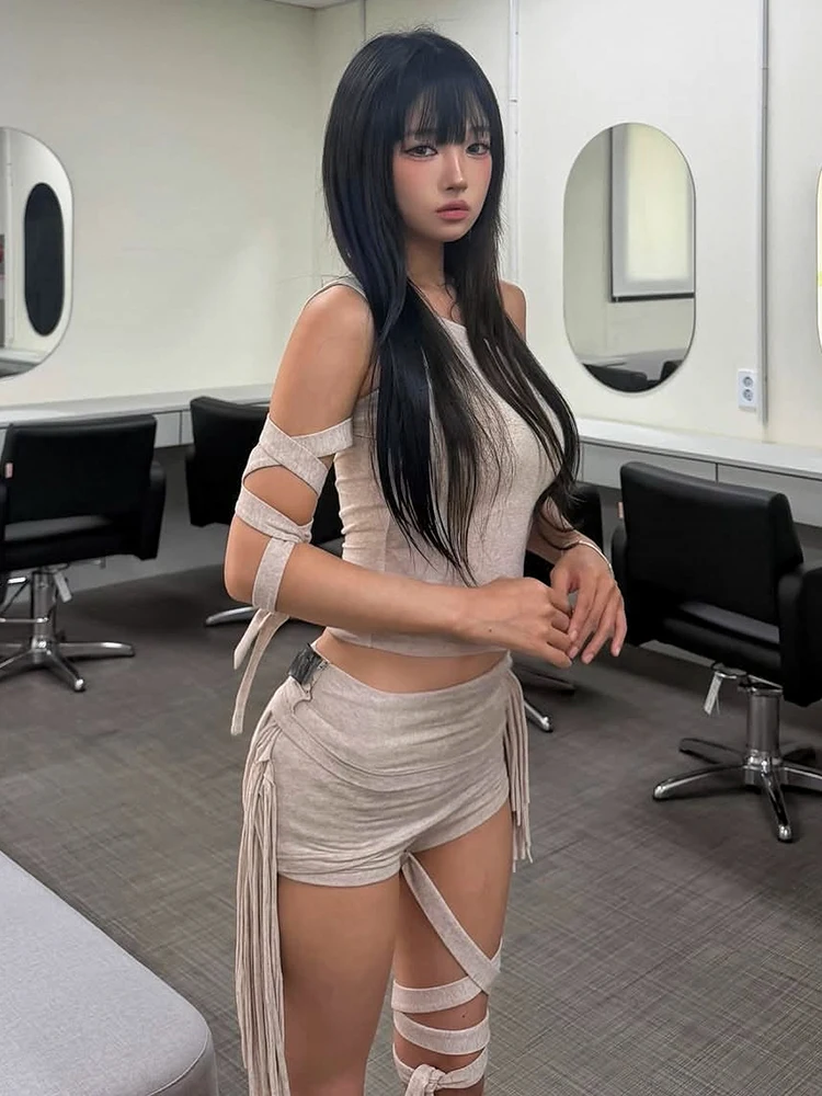 Weird Puss Sexy Quasten-2-Teiler-Set für Damen, schräge Schultern, Bandage-Weste + elastische Taille, klassische Falten, kurzer Mitternachts-Hottie-Anzug – Detail 13
