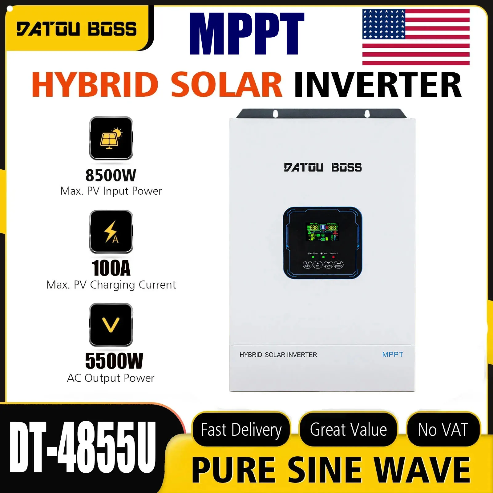 DATOUBOSS 48V 5500W Off-Grid Hybrid Solar Inverter 48V DC 110/120V AC Pure Sine Wave Built-in Charger Controller for U.S. Market Shipment From US Warehouse