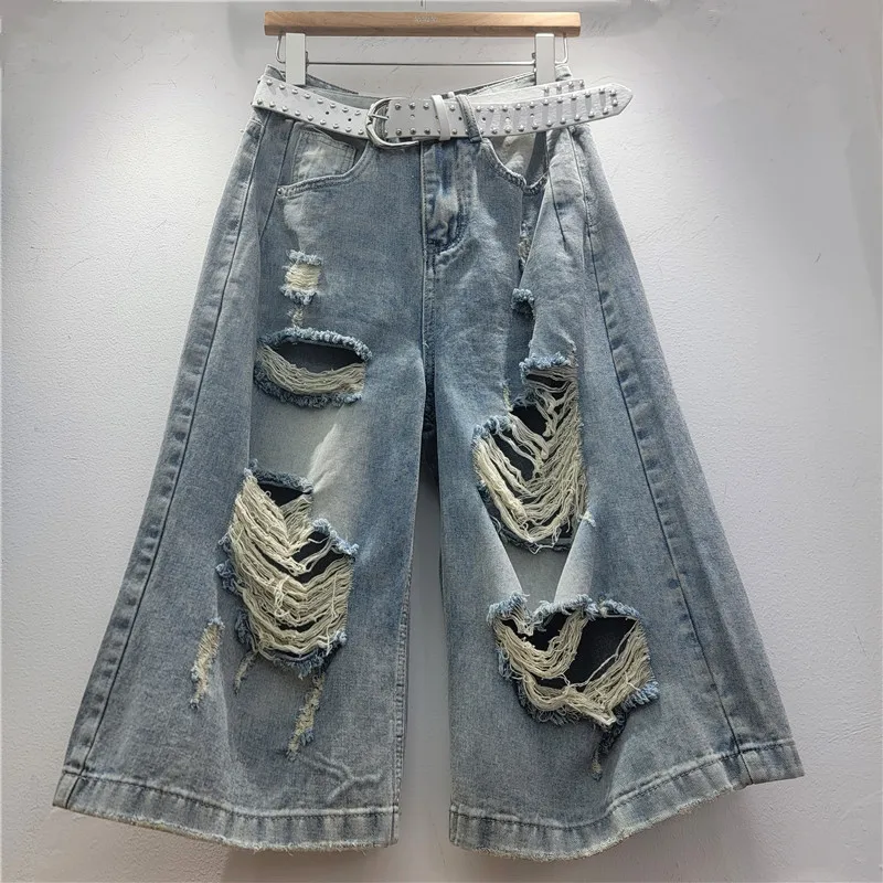 American Retro Distressed Washed Ripped Denim Shorts - Trendy, Loose, Edgy, A-line Cropped Pants for Summer