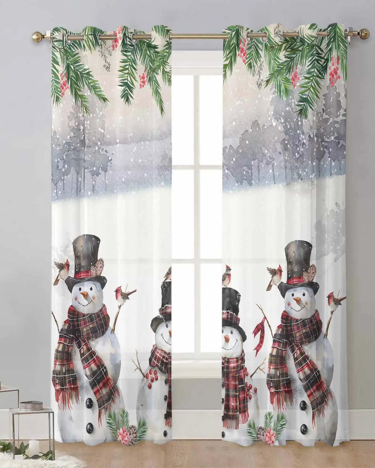 

Christmas Snowman Checkered Scarf Cardinals Sheer Curtains for Living Room Printed Tulle Window Curtain Luxury Home Decor Drapes