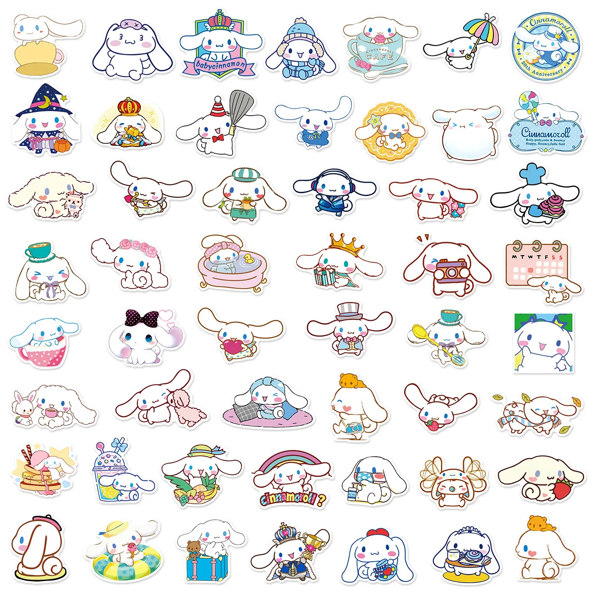 Pegatinas de dibujos animados de Anime Cinnamoroll, calcomanías decorativas para teléfono, equipaje, nevera, coche, monopatín, Kawaii, Sanrio, 10/50