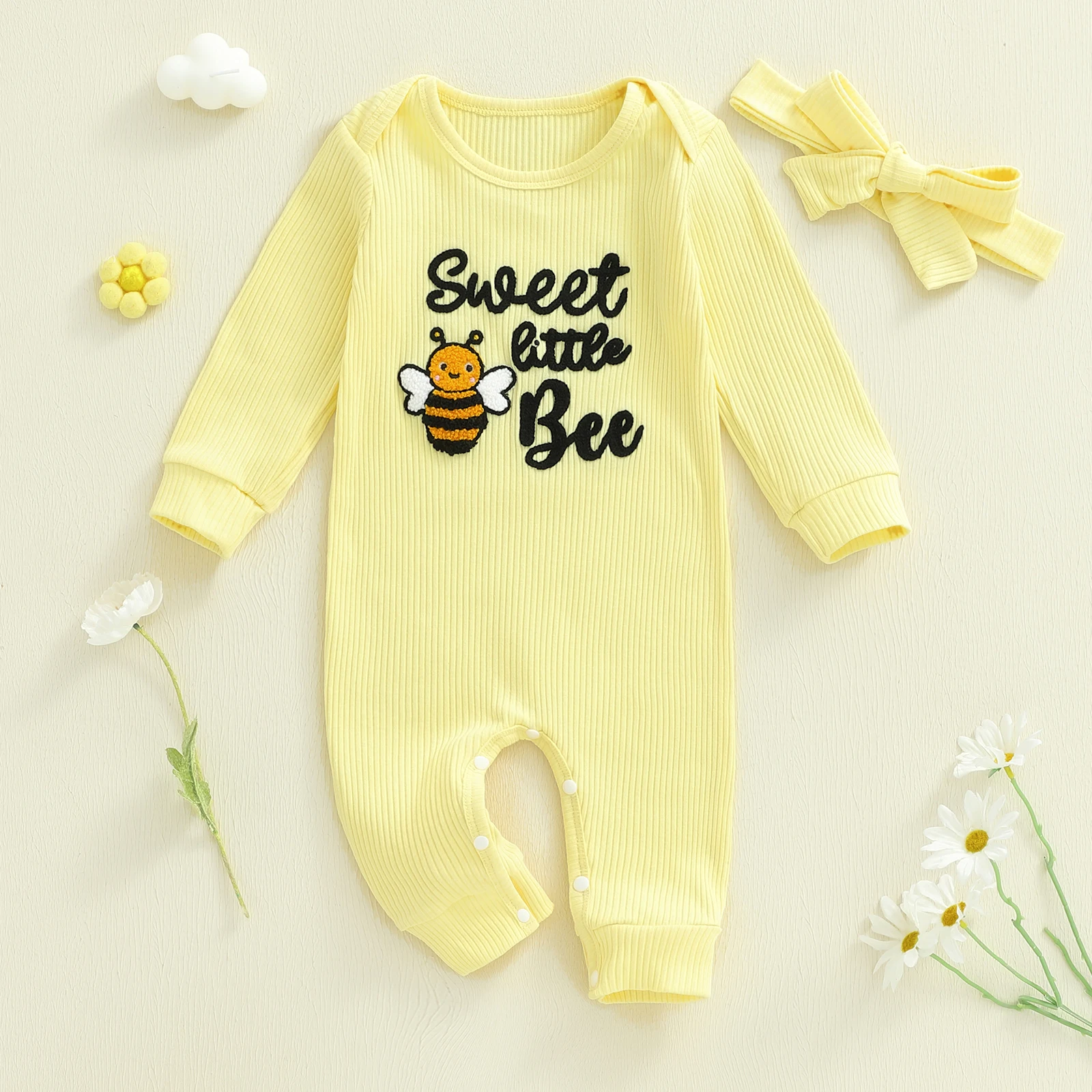 

Baby Girls Fall Romper Bee Letter Embroidery Long Sleeve Round Neck Jumpsuit with Headband Set