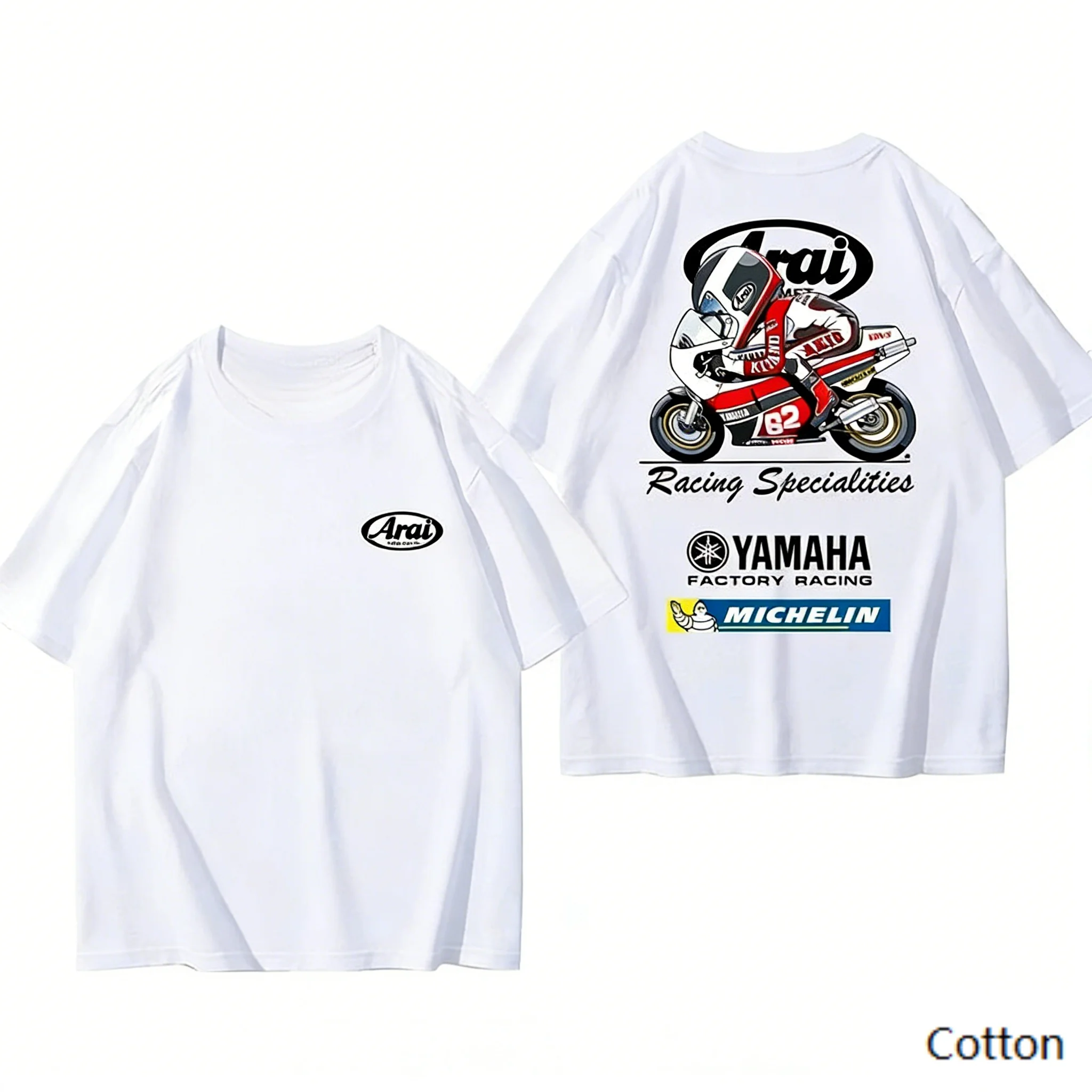 2026 YAMAHA White Oversized Retro Racing Print Cotton T-Shirt Unisex Breathable Biker Street Top