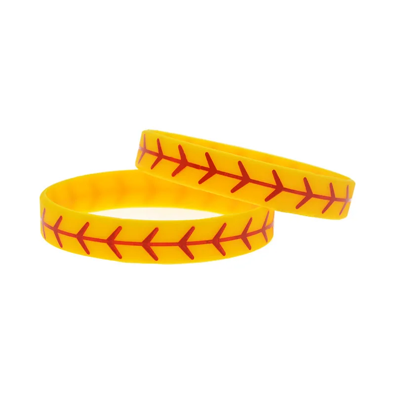 50 Stück bedruckte Silikonarmbänder, 1/2 Zoll breit, im Sportstil, aus Gummi, in Weiß und Gelb. – Detail 6