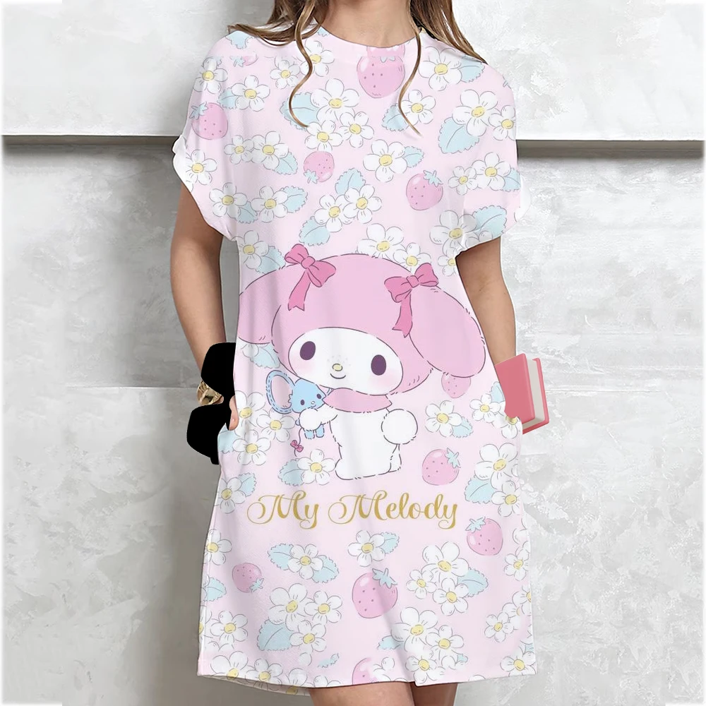 2025 New Korean-style Plus-size Hello Kitty print T-shirt Women's Summer Loose-fit Belly Covering Student Dress ﻿
