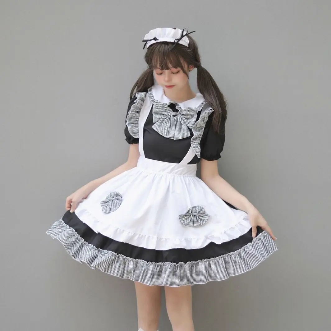 Cosplay Lolita Dresses New 4-Piece Set Maid Costume Cute Dress Japanese Black and White Bow Series