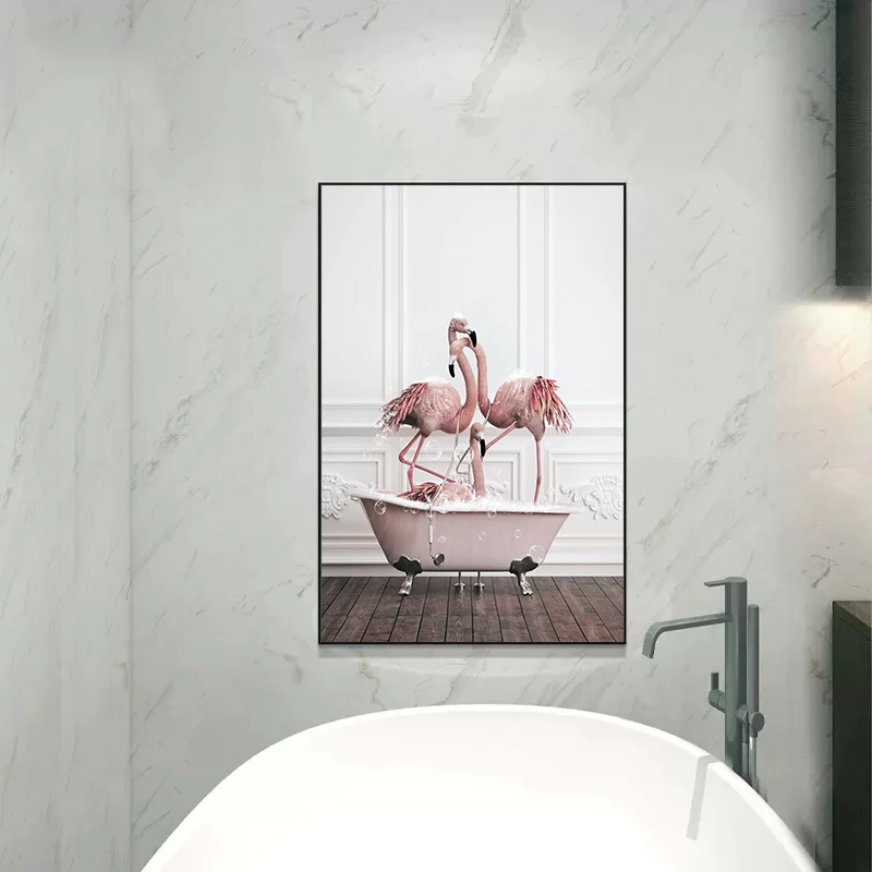 Funny Animals Penguin Dolphin Sloth Giraffe Playing In Bathtub Poster Print Canvas Painting Nordic Wall Art Bathroom Home Decor