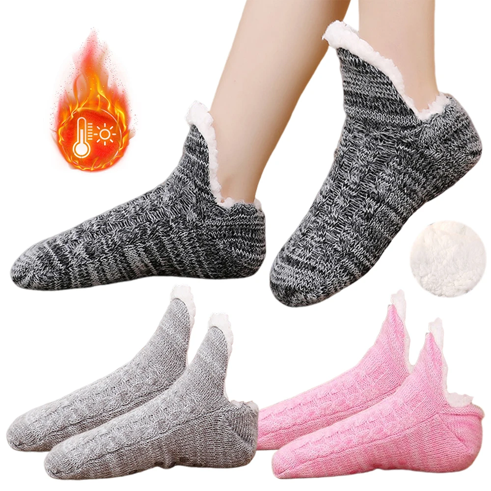 Winter Indoor Home Slippers Socks Women Floor Socks Knitted Adult Plus Fleece Carpet Sock Home Bedroom Sleeping Sock Non-slip