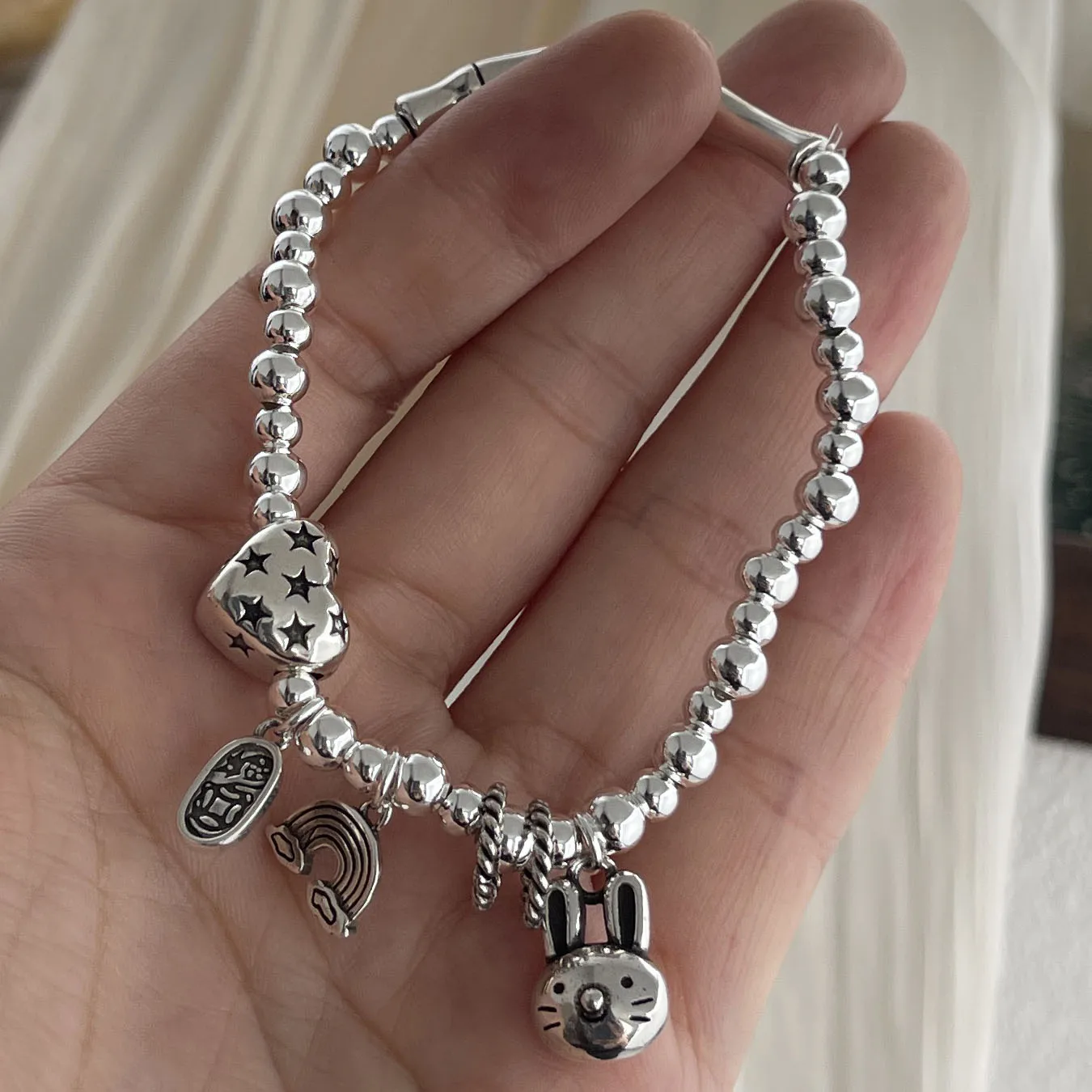925 Sterling Silver Bracelets for Women Men String Accessories Trend Vintage Rainbow Rabbit Shape Pendant Party Jewelry Gift