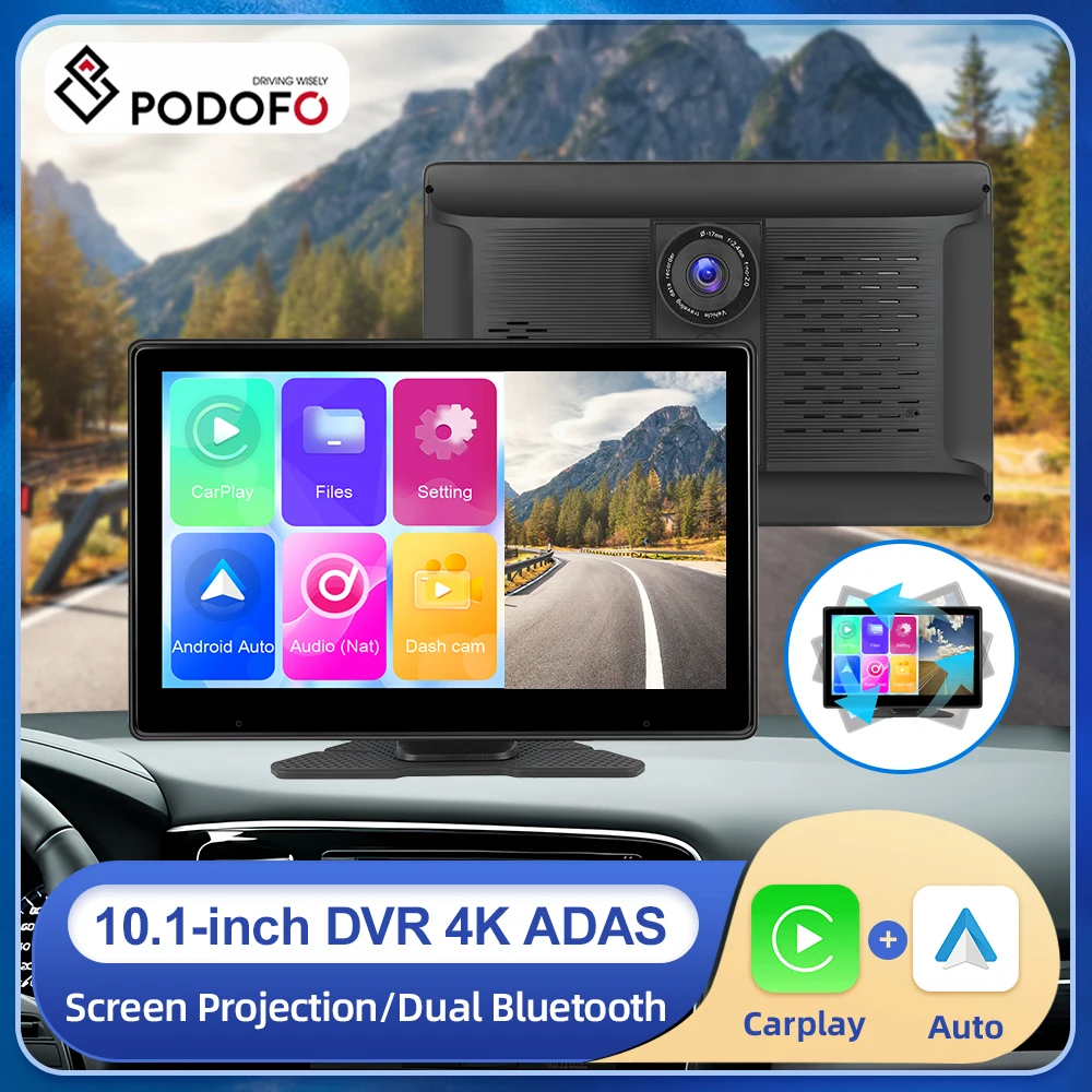 

Podofo 10.1inch ADAS Car DVR With 4K Foward Camera Wireless Carplay Android auto Portable Smart Player Bluetooth Music FM