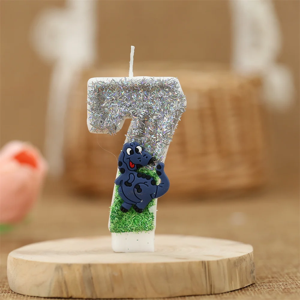 Cute Digital Candle Cake Decoration Plug-in Dinosaur Boys Birthday Dessert Accessories 0123456789 Silver Green Number Candles