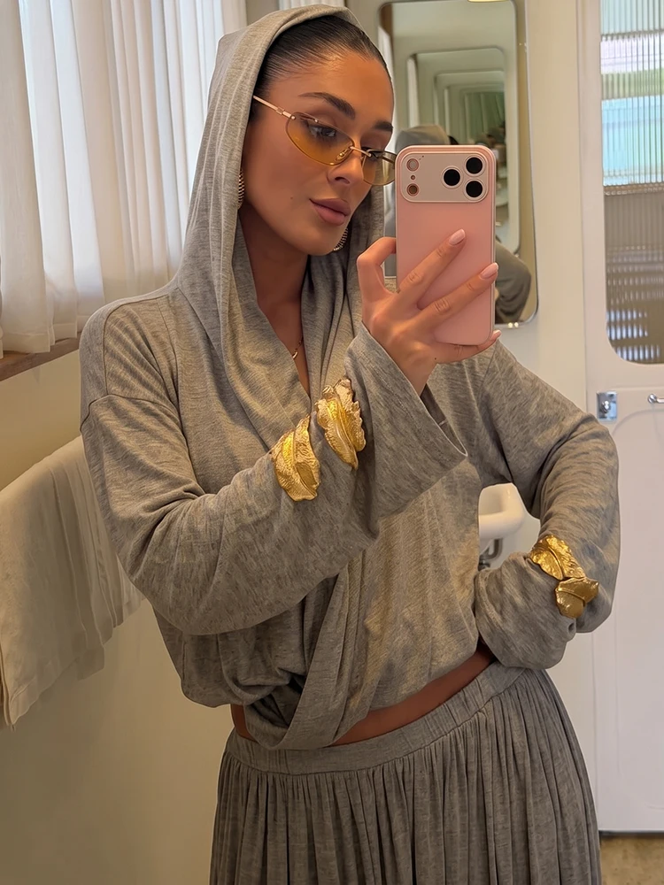 Sisterlinda Damen Trend 2-Teiliges Set Hottie Einfaches Kreuz-V-Ausschnitt Kapuzen-Crop-T-Shirt + Geraffter Langer Rock Mode Party Street Anzüge – Detail 18