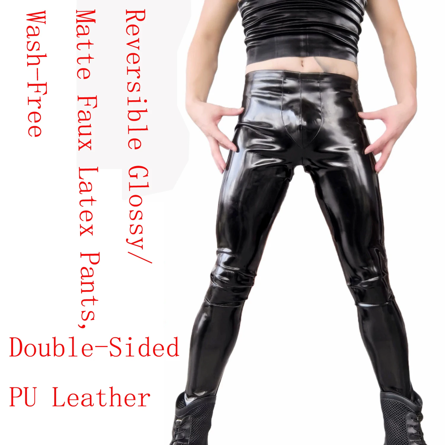 Mens Reversible PU Leather Pants Glossy Matte Double Sided Faux Latex Skinny Trousers Wash-Free Club Party Stage Wear Leggings