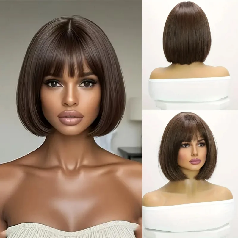 

European American fashion new style dark brown short straight bob wig, stylish and age-reducing, natural-looking full head w