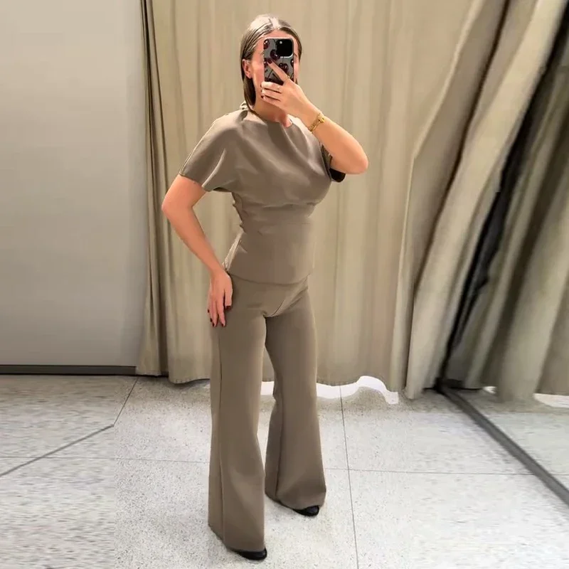 Sexy Rückenfreies Top und Hosen-Set für Damen, Einfarbiges Kurzarm-Oberteil mit Langer Schmaler Hose, Damenanzug für Sommer und Herbst 2026, Neu – Detail 8