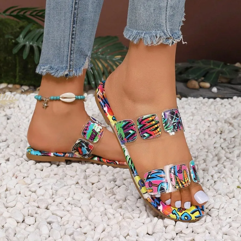 

Large Size Women Slippers 2025 Rubber Sole Shoes Slides Women Lightweight Flat Sandals Outerwear One-Row Square Head Slippers