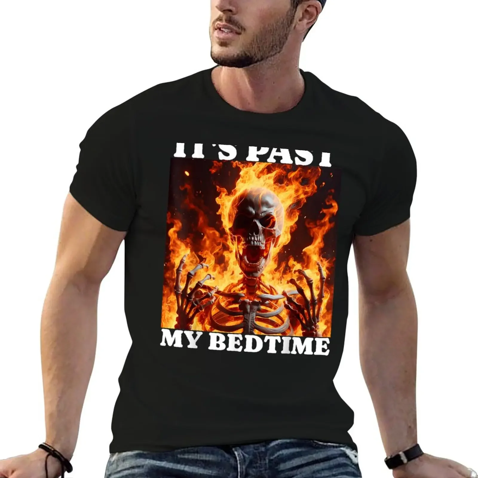 It's Past My Bedtime Funny Skeleton Meme Flames Ironic Tired T-Shirt cotton graphic tees quick drying plain black t shirts men