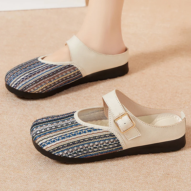 

Women Slippers Summer Baotou Mesh Half Slipper Soft Sole Non Slip Breathable Flat Sole Outdoor Casual Slippers Sandals New