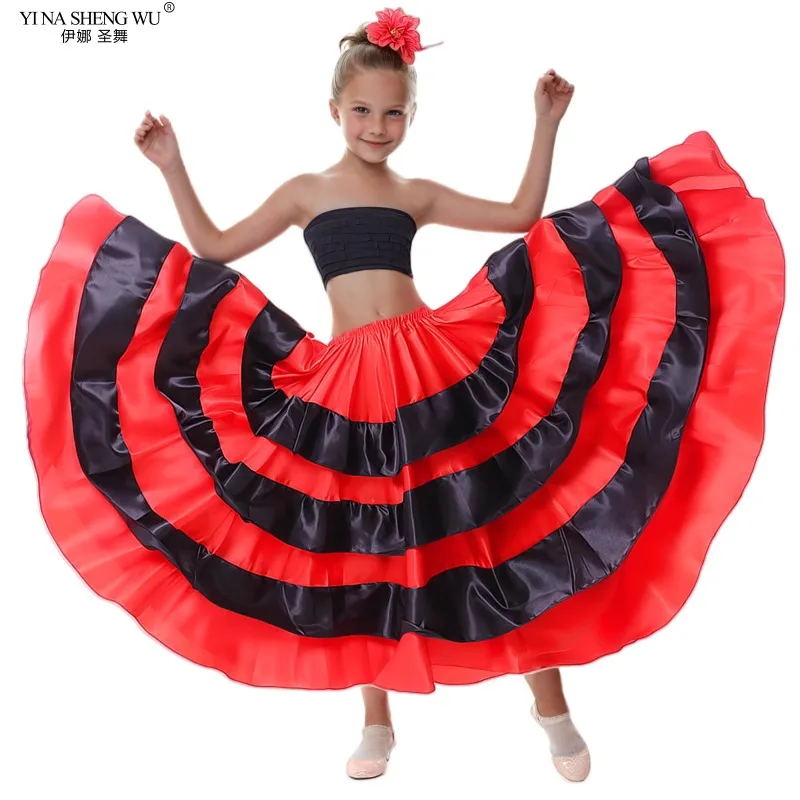 Girls Flamenco Dress Long Red Spanish Dance Costume Kids Ballroom Skirt Child Black Dancewear 180 360 540 720 Degree Rotation