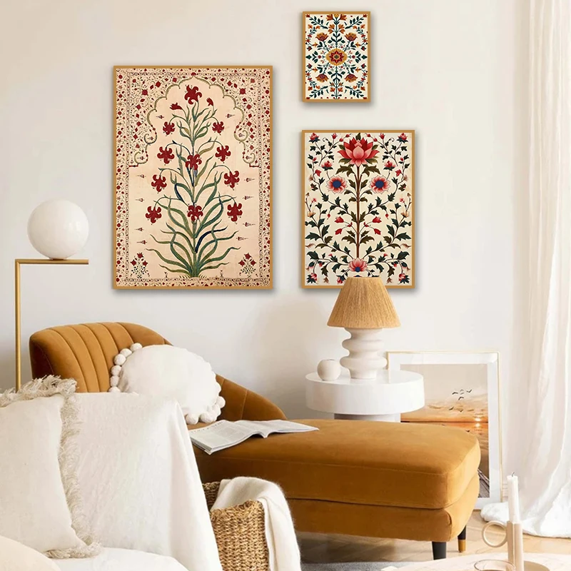 Vintage Indian Folk Poster Mughal Floral Palace Motifs Canvas Painting Boho Gallery Wall Art for Living Room Home Decor Mural