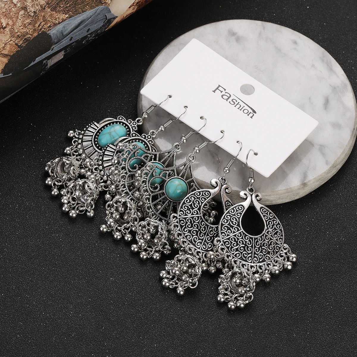 Juego de pendientes bohemios de Color plateado para mujer y niña, aretes colgantes geométricos de piedra azul Vintage, joyería Brincos de moda 2023