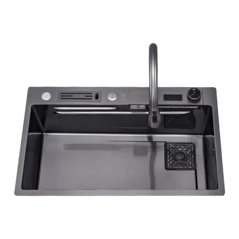 

304 Stainless Steel Black Nano Kitchen Sink Multi-Function Digital Display Waterfall Large Single Slot With Knife Rest