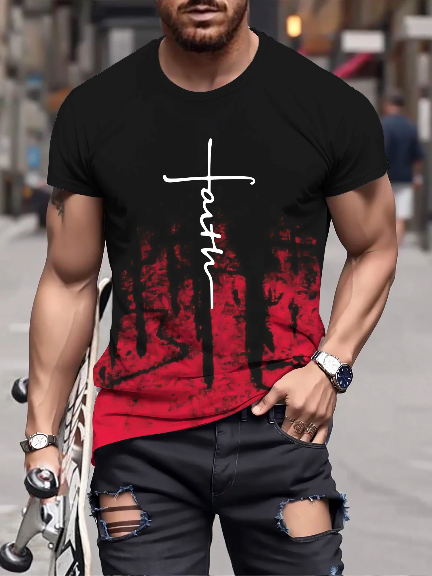 Men's Gradient Color And Alphabet Print FAITH T-shirt With Crew Neck Short Sleeve Casual Trendy Tops Suitable For Summer