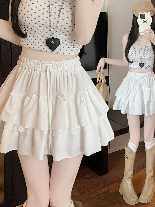 

Белая кружевная короткая юбка для женщин больших размеров, балетная юбка-пачка с высокой талией, пышная юбка А-силуэта, корейская версия для повседневной носки