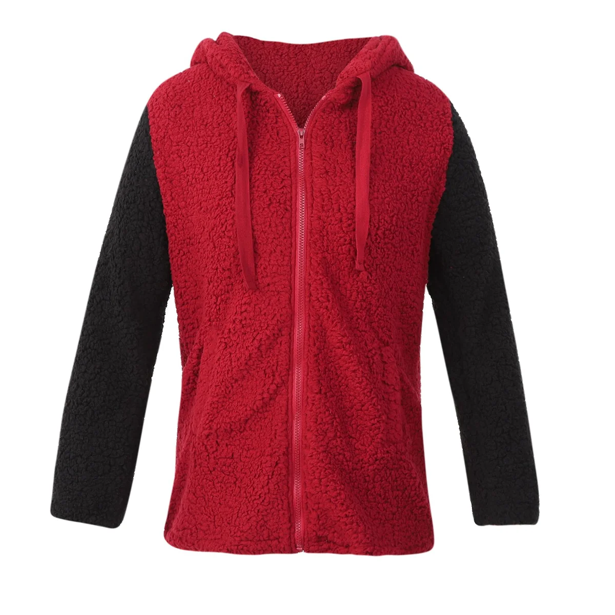 Damen lässig Mantel Mode lose Farbe Blocking Hut verdickt Fleece Haar Ausschnitt Taschen jacke, xxxl Weinrot