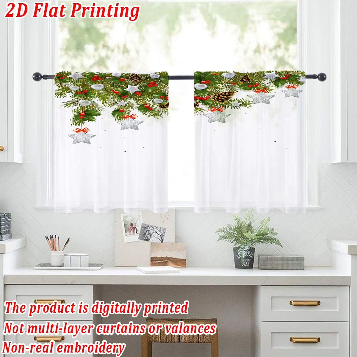 Christmas Flat Printing Kitchen Sheer Curtain with Christmas  Star Ornament Pinecone Pine Branch For Christmas Home Decor  Party