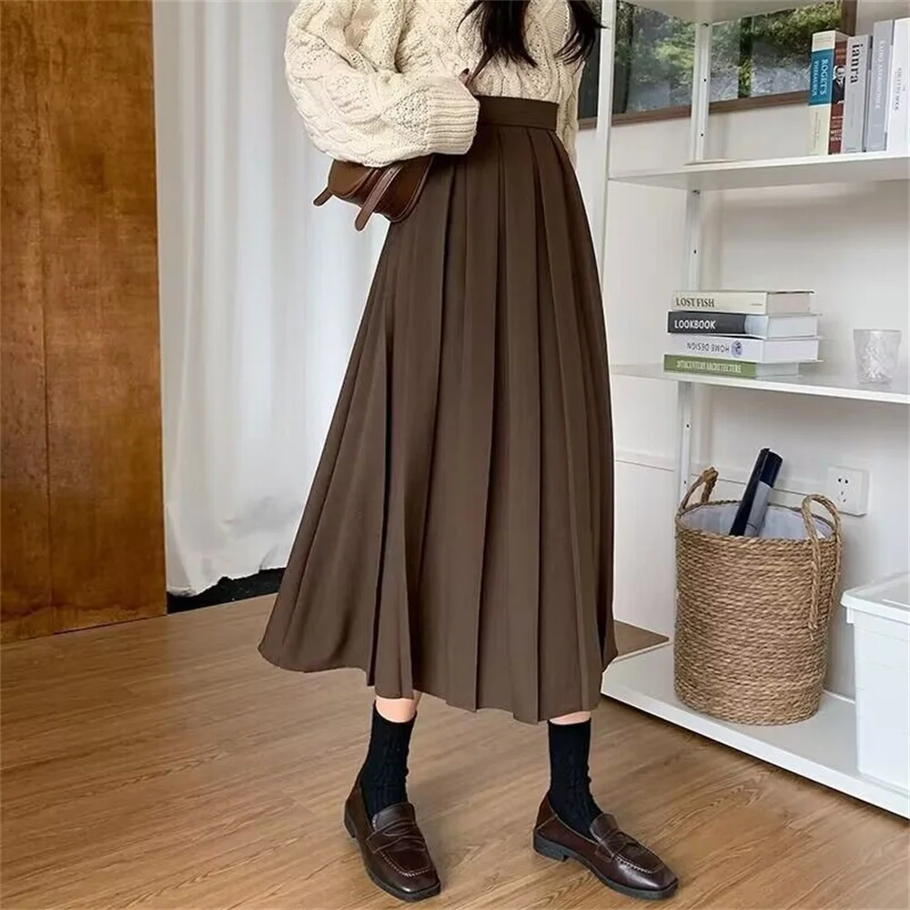 High Waist Pleated Maxi Skirt Women Daily Office School A Line Long Skirt Casual Autumn Vintage Midi Skirt Ladies Streetwear