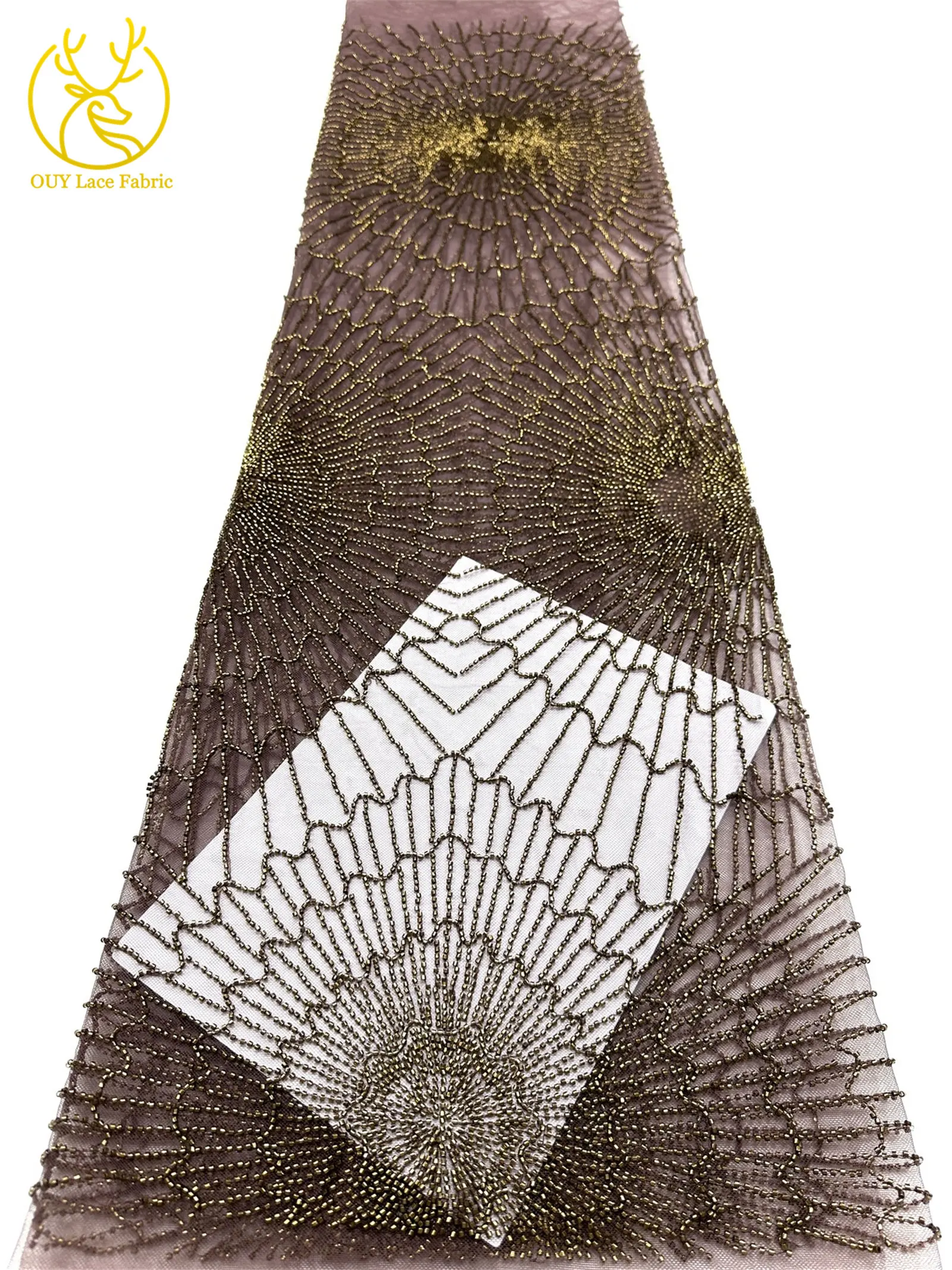 Luxuriöser afrikanischer, stark perlenbesetzter Spitzenstoff, goldene nigerianische Perlen-Spitze, französischer Tüll-Spitzenstoff für Brautkleider und Hochzeitskleider zum Nähen – Detail 31