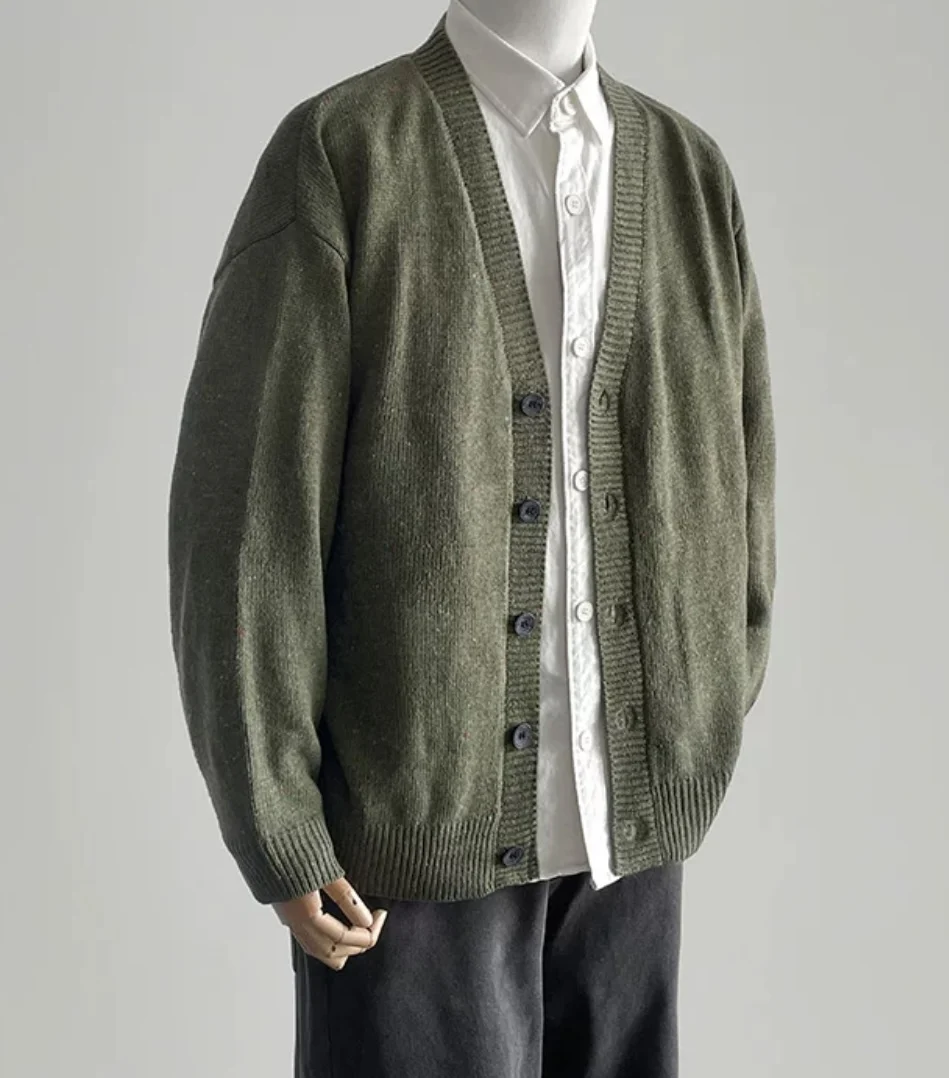 Pull cardigan tricoté vert à manches longues pour hommes, vêtements de travail rétro japonais, printemps et automne