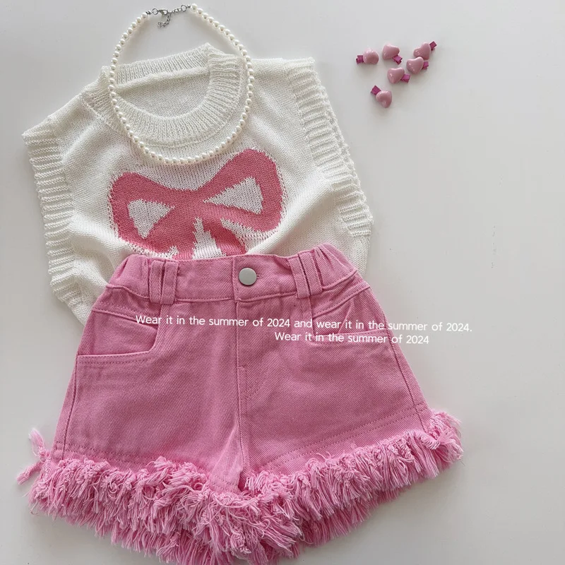 Summer Girls' Tassel Denim Shorts Korean 2024 New Children's High Waist Loose Short Pants Girl Fashion Thin Hotpants