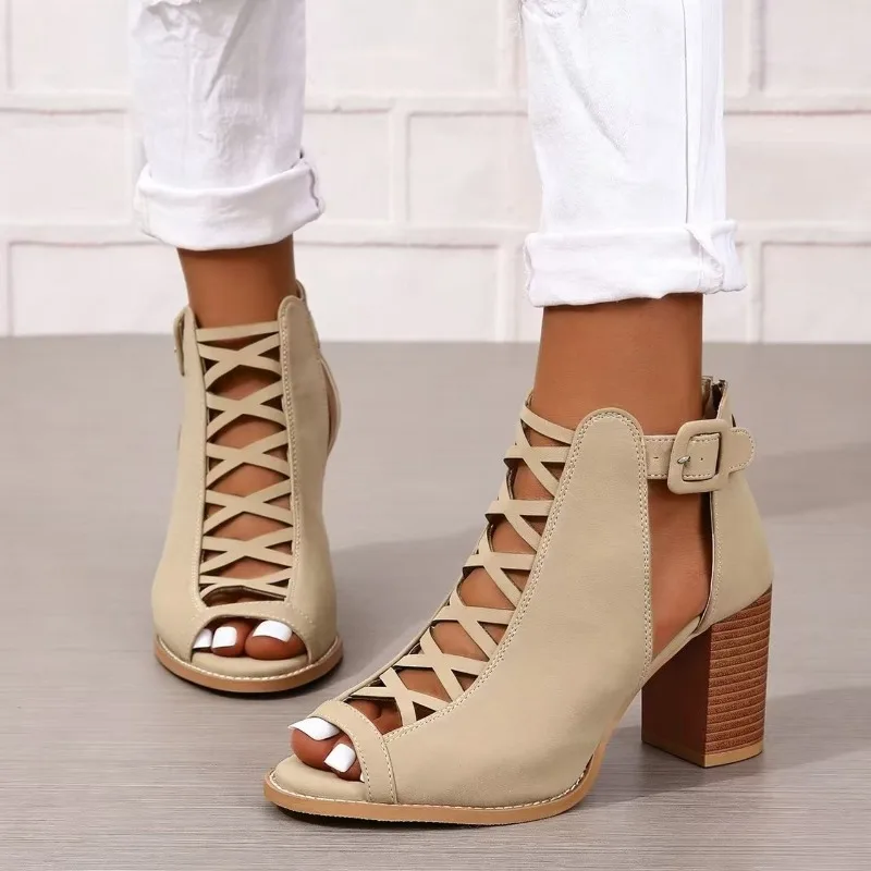 Sommer Damen Sandalen mit Blockabsatz Reißverschluss Hohe Absätze Übergrößen Offene Zehen Elegante Freizeitschuhe Modische Hochwertige Damenschuhe Neu