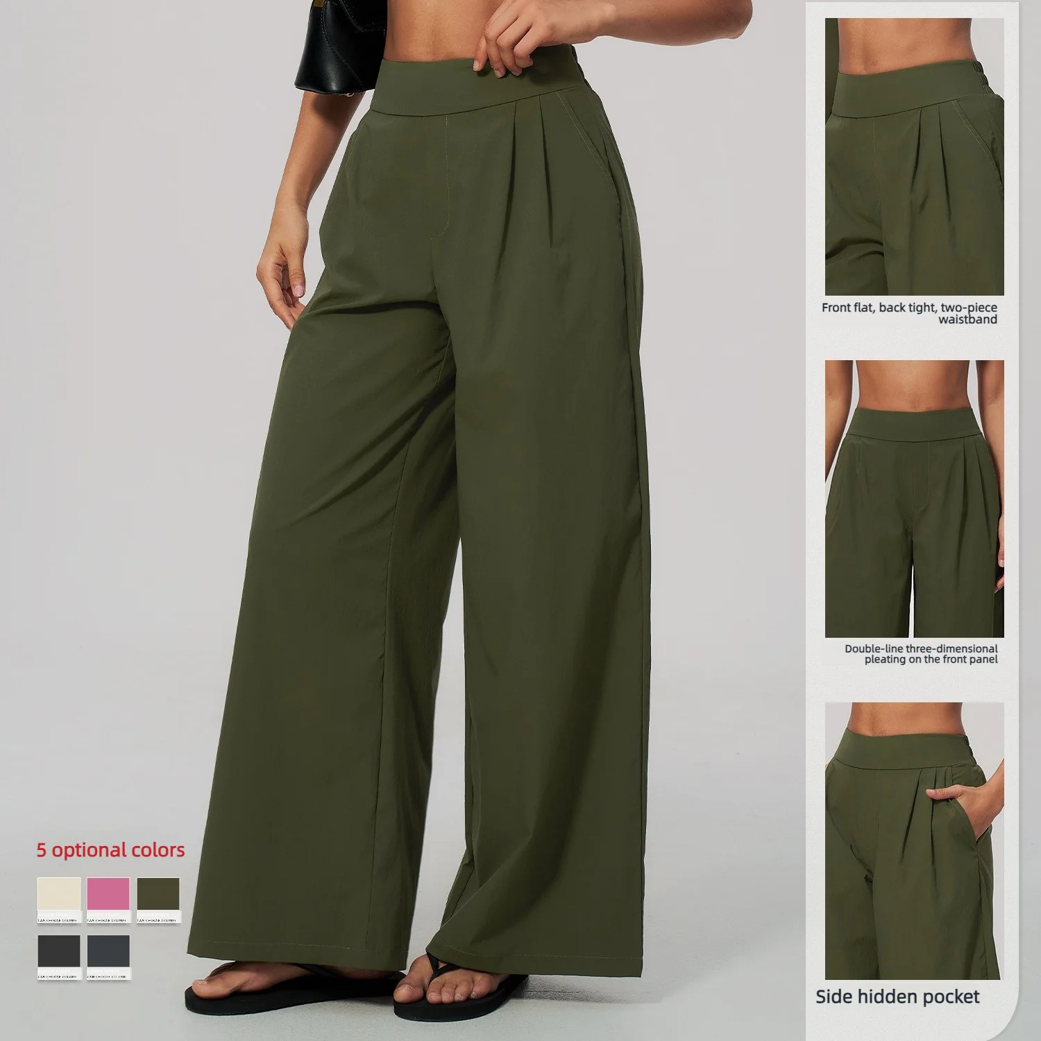 New Women's Yoga Bell Bottoms Fitness Running Workout Gym High Waist Pleated Wide Leg Pants Side Pockets Leggings Tights Push Up