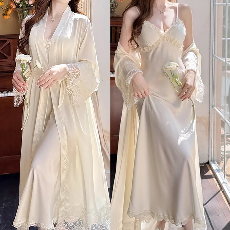 Princess Style Robe Set 2Pcs Vestidos De Novia Nightgown Sexy Lace Patchwork Nightdress Chemise Sleepwear Long Home Dress