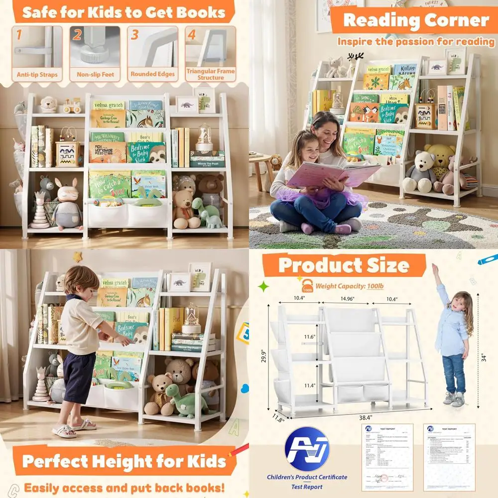 رف كتب للأطفال، خزانة كتب كبيرة للتخزين: منظم ألعاب رف كتب أبيض مكون من 3 طبقات للأطفال الصغار - رف عرض مع 3 جيوب لـ #1