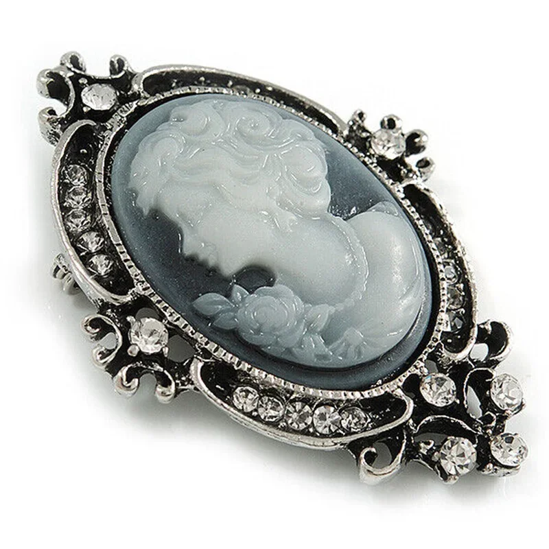 Vintage Inspired Clear Grey Cameo Beauty Portrait Brooch Retro Rhinestones Pins Corsage Women Suit Coat Collar Accessories Gifts