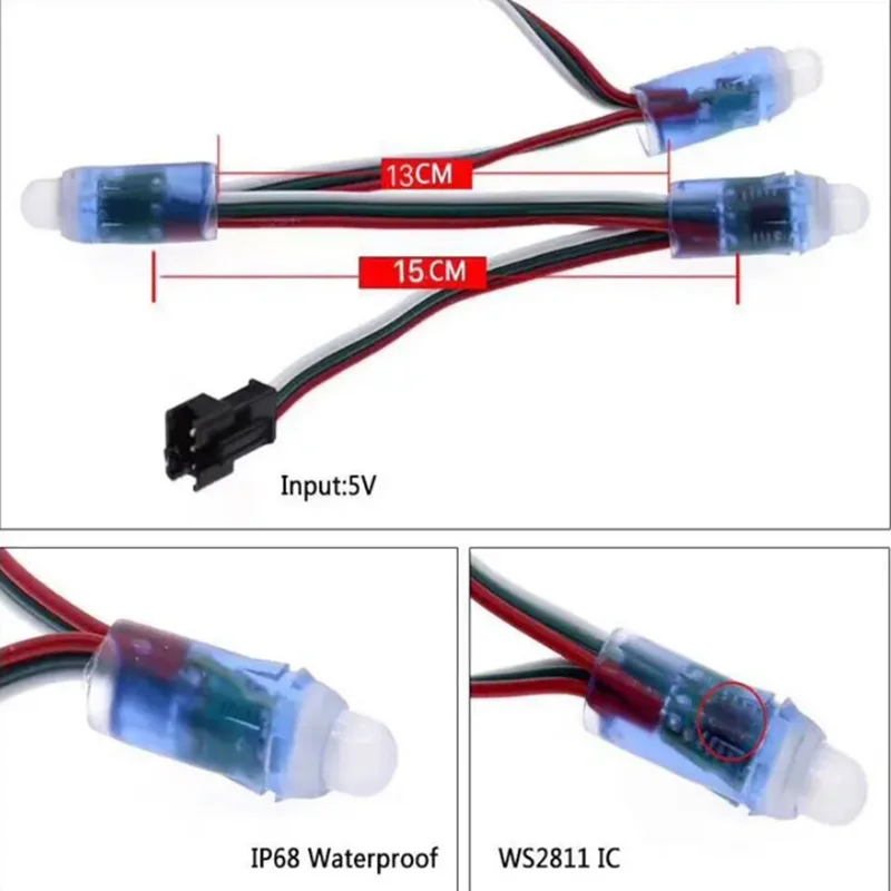 

50 шт. 15 см провод 12 мм WS2811 2811 IC RGB светодиодный модуль пикселей гирлянда IP68 5 В/12 В цифровые светодиодные гирлянды
