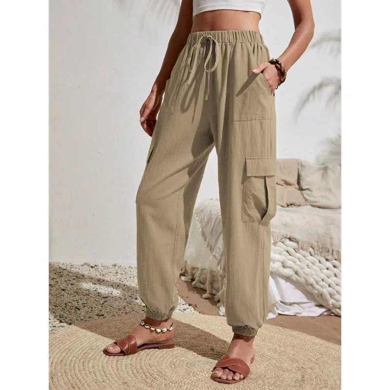 

Women's Comfort Elastic Waist Pocket Design Casual Cargo Pants Street Trendsetters Summer 2024 Women Drawstring Fashion Trousers